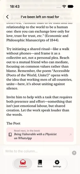 The app showing a letter and Uncle Karl's answer, with a poem recommended at the end